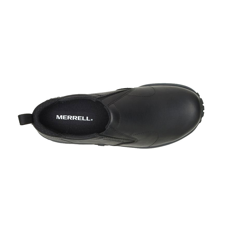 Top view of a single black MERRELL JUNGLE MOC PRO 2 SLIP RESISTANT WATERPROOF BLACK - WOMENS slip-on shoe with a plain design and visible Merrell logo on the insole, which promises all day comfort.