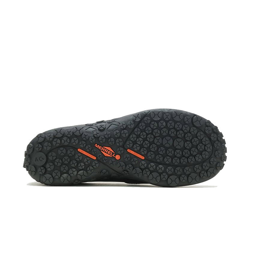 The image shows the sole of a black Merrell MERRELL JUNGLE MOC PRO 2 SLIP RESISTANT WATERPROOF BLACK - WOMENS shoe with a textured, slip-resistant surface and orange accents, perfect for all-day comfort.