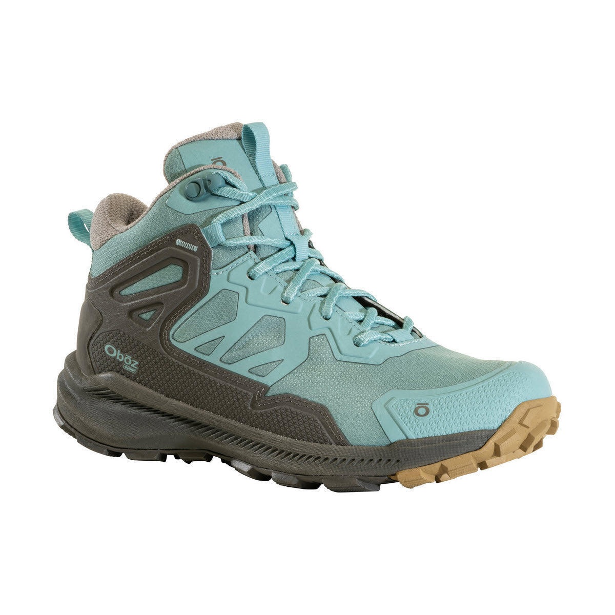 The OBOZ KATABATIC MID B-DRY ISLAND - WOMENS is a turquoise and grey hiking shoe with a rugged sole, mesh upper, and waterproof design, featuring the &quot;Oboz&quot; logo on the side for optimal support.