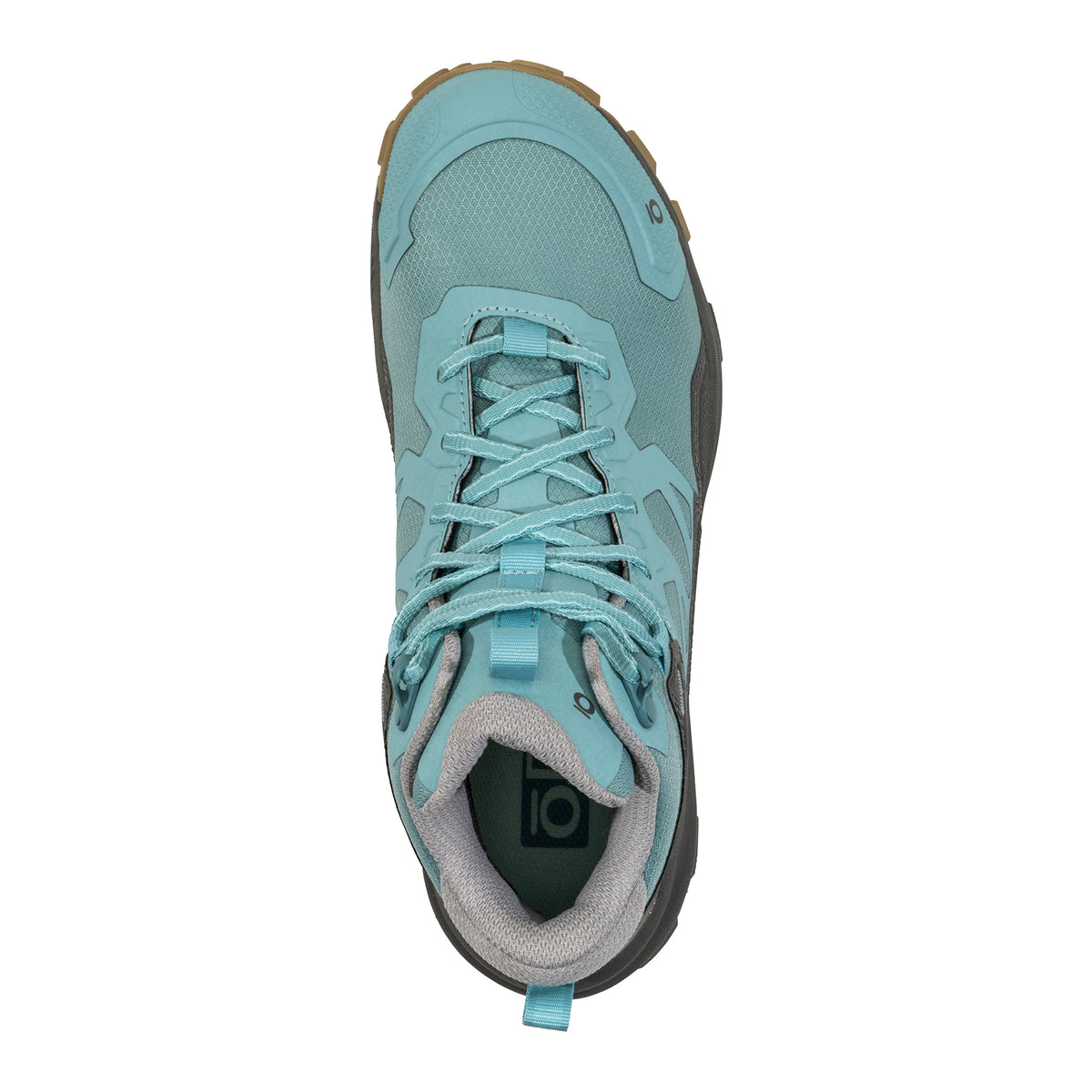 Top view of a single Oboz Katabatic Mid B-Dry Island women&#39;s hiking shoe in teal, featuring a rugged sole and laces, designed for ultimate support and waterproof performance.