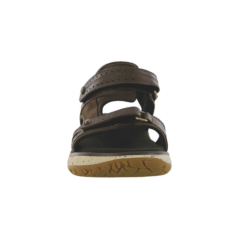 Front view of a brown open-toe outdoorsy sandal with adjustable straps and a light brown speckled, shock-absorbing sole, designed for outdoor wear. The product is SAS EMBARK SMORES - WOMENS by SAS.