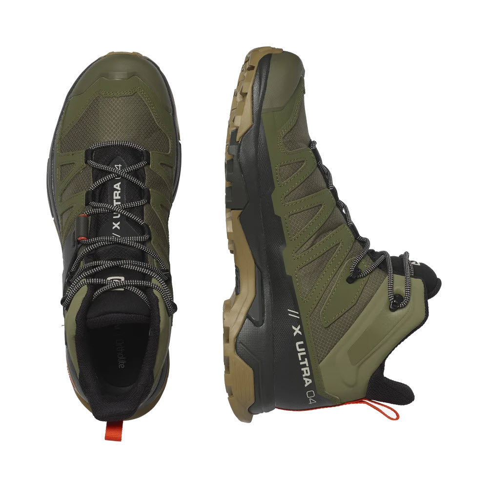 A pair of green and black hiking boots, one shown from the top and the other from the side, featuring rugged soles and labeled &quot;SALOMON X ULTRA 4 MID GTX LICHEN GREEN/PEAT/KELP - MENS,&quot; with GORE-TEX waterproof protection for all your trail adventures by Salomon.