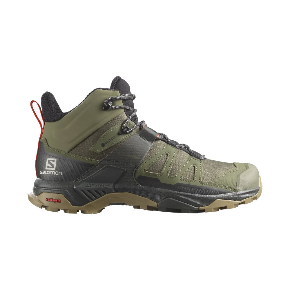 A green and black SALOMON X ULTRA 4 MID GTX LICHEN GREEN/PEAT/KELP - MENS with the Salomon logo, red pull loop at the heel, and rugged sole designed for technical terrain and outdoor activities.