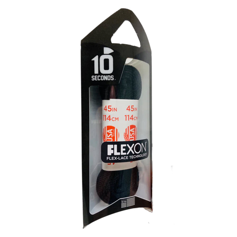 Packaging for 10 SECOND FLEXON LACE 45&quot; BLACK shoelaces with Flex-Lace Technology from the brand &quot;10 SECOND.&quot; The package includes a see-through window displaying the lightweight performance black shoelaces inside.