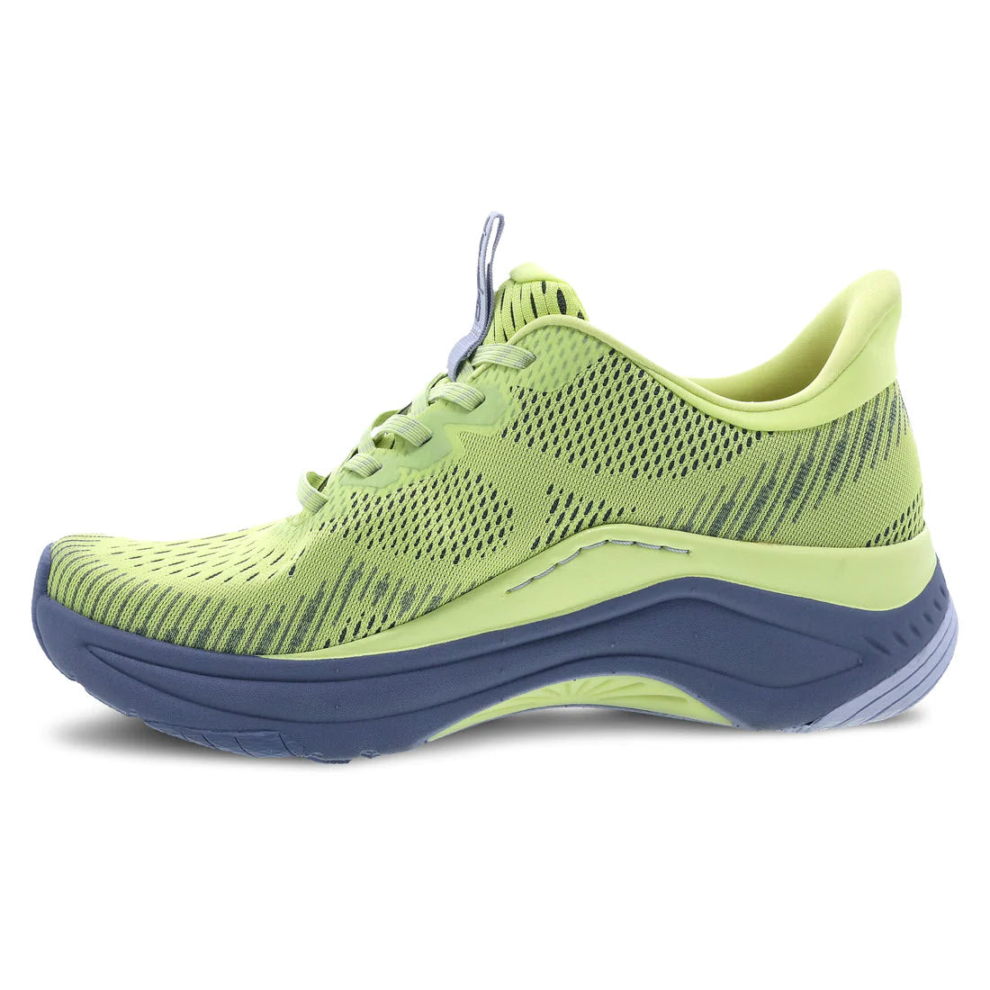 Side view of a Dansko Peony Yellow Mesh women&#39;s high-performance walking sneaker with a knitted upper, maximum arch support, and a thick, blue sole.