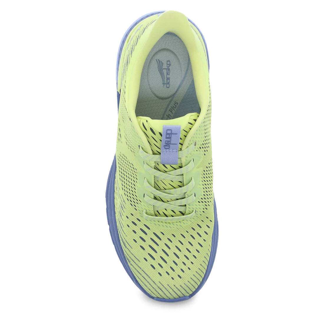 Top view of a single neon yellow high-performance Dansko walking sneaker with blue soles and accents, designed for maximum arch support. The laces are untied.
