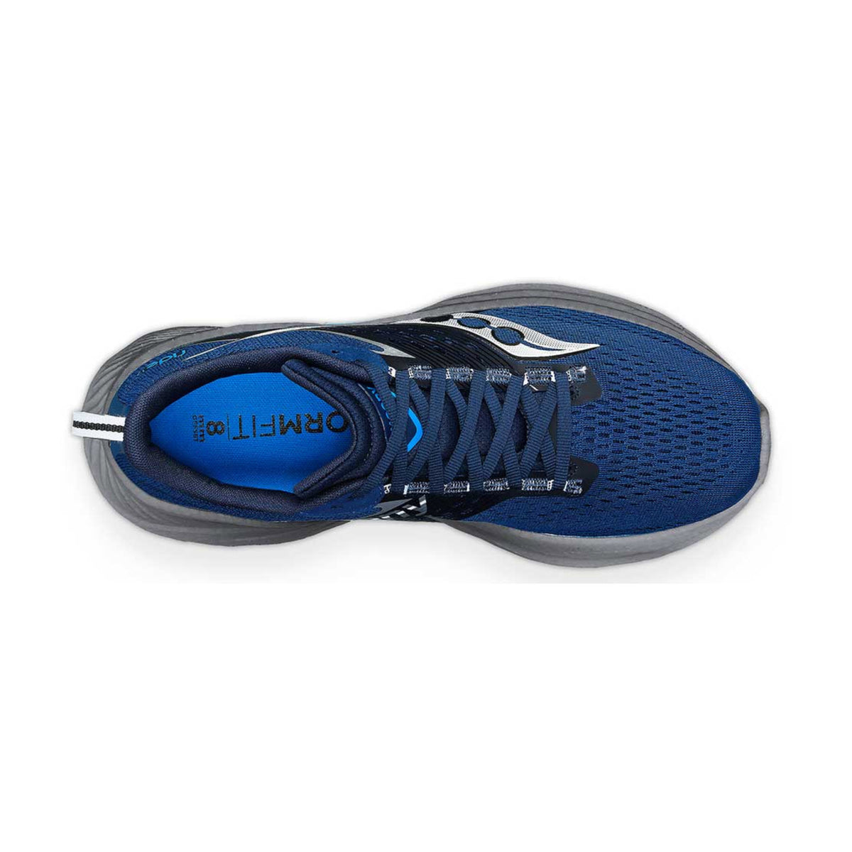 Top view of a blue athletic shoe with black and white accents, featuring PWRRUN+ cushioning and an engineered mesh upper for enhanced breathability. The product is the SAUCONY RIDE 17 TIDE/SILVER - MENS from Saucony.