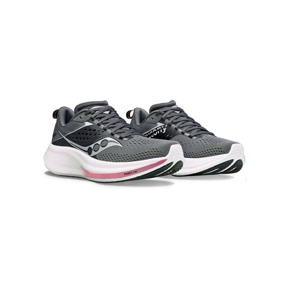 A pair of SAUCONY RIDE 17 CINDER/ORCHID - WOMENS running shoes with white soles, PWRRUN+ foam for extra cushioning, black laces, and a pink stripe near the midsoles.