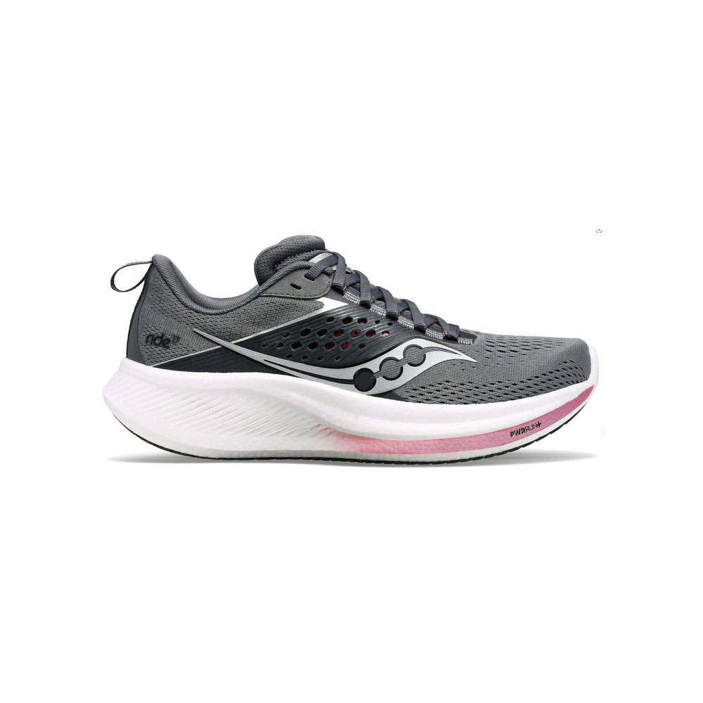 A SAUCONY RIDE 17 CINDER/ORCHID - WOMENS running shoe with a thick, white and pink cushioned sole featuring PWRRUN+ foam and black accents. It boasts a breathable mesh upper, a Saucony logo on the side, and a lace-up design.