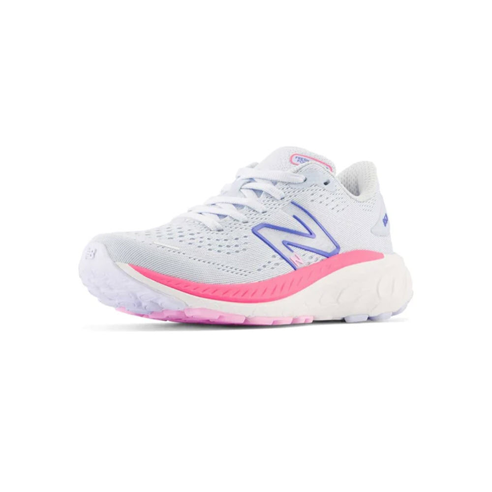 A white athletic shoe with pink and purple accents, now available in a kids&#39; version, featuring the innovative Fresh Foam X cushioning, the NEW BALANCE 860 V13 MOON DUST/NEON PINK - KIDS by New Balance.