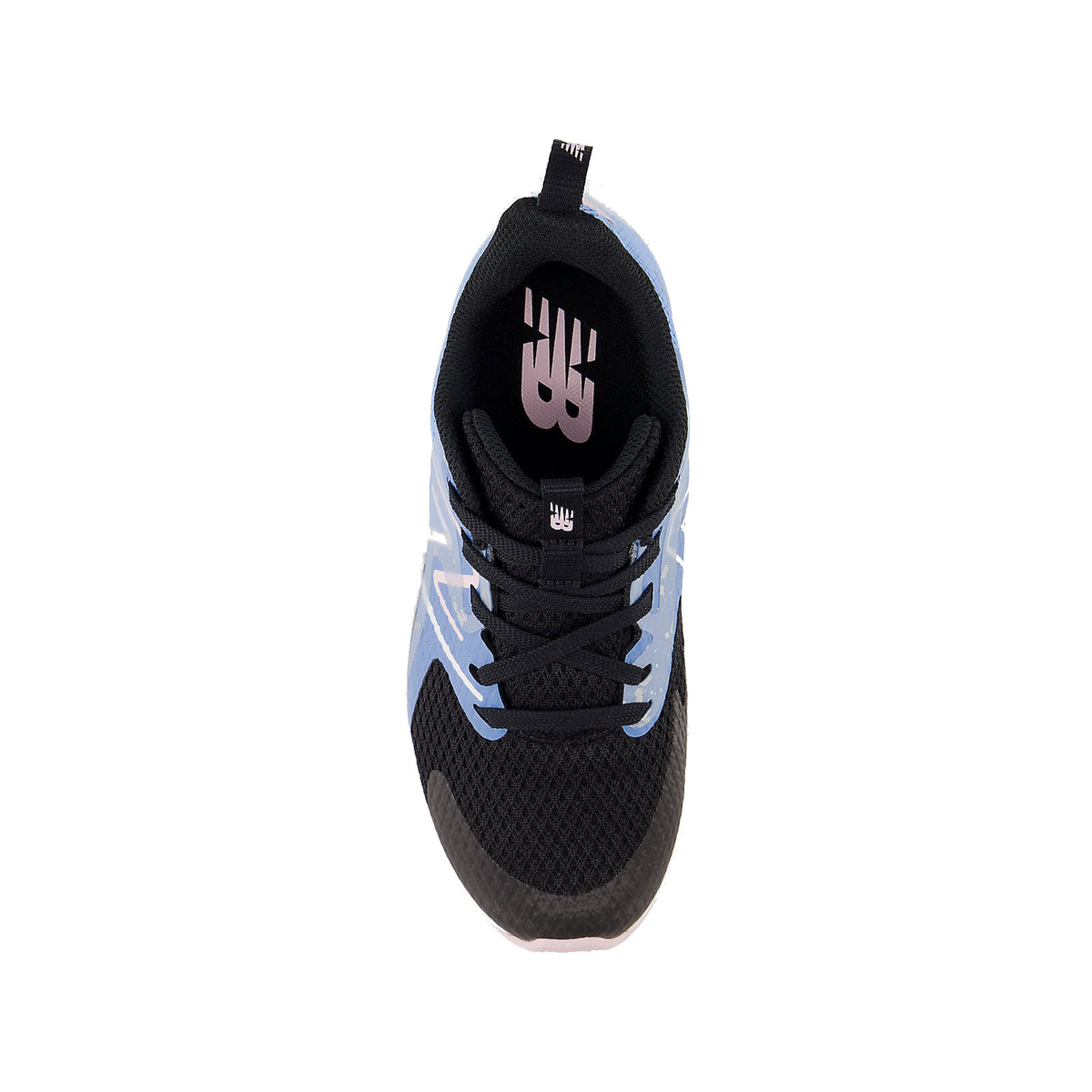 The NEW BALANCE RAVE RUN V2 BLACK/BLUE - KIDS sneaker, featuring a black exterior with light blue accents, showcases the New Balance logo on the insole when viewed from above. Designed for young athletes, this kids&#39; running shoe offers plush comfort and a sleek design enhanced by no-sew overlays.