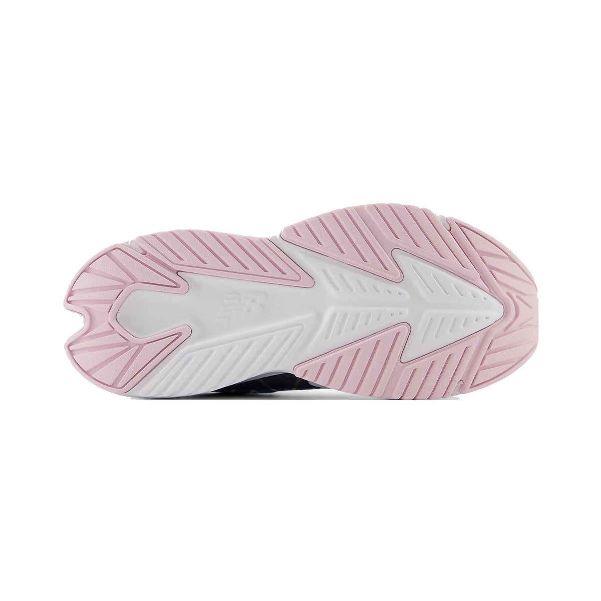 The image displays the sole of the New Balance Rave Run V2 kids running shoe, showcasing a white base and pink tread pattern. It features angular grooves designed for traction, with plush comfort and no-sew overlays contributing to its durability and style.