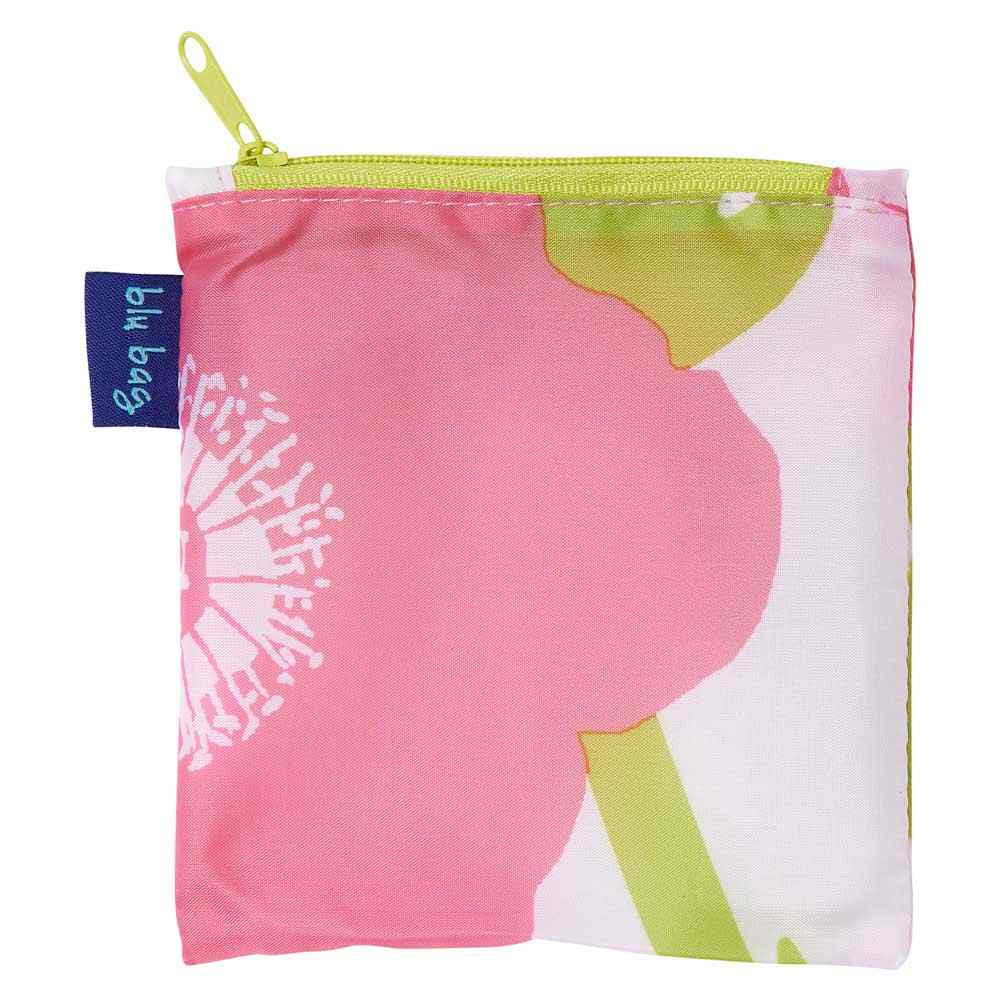 A small square pouch with a pink floral pattern, a green zipper at the top, and a blue tag on the left side, perfect for storing essentials in your eco-friendly Rockflowerpaper BLU BAG POPPIES fashion tote.