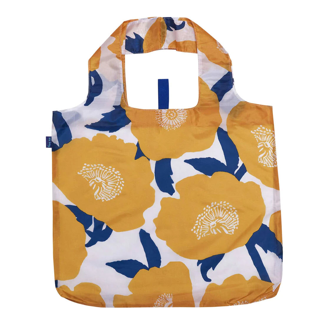 Rockflowerpaper&#39;s BLU BAG POPPIES featuring a white background with large yellow floral prints and blue leaves.