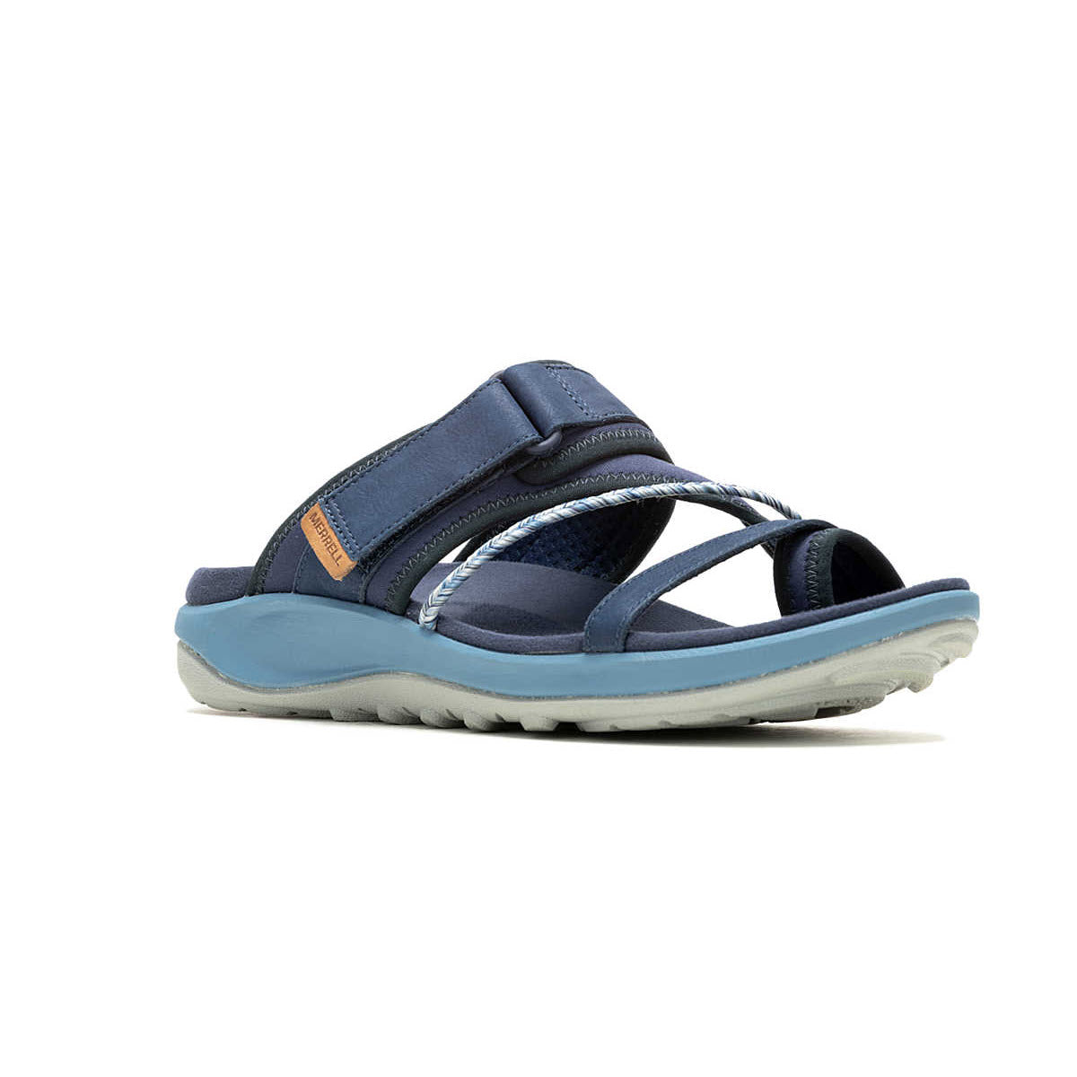 A blue open-toe sandal with a cushioned sole and multiple adjustable straps, including one with a Velcro closure, features a durable rubber outsole for added grip is the MERRELL TERRAN 4 POST SEA - WOMENS by Merrell.