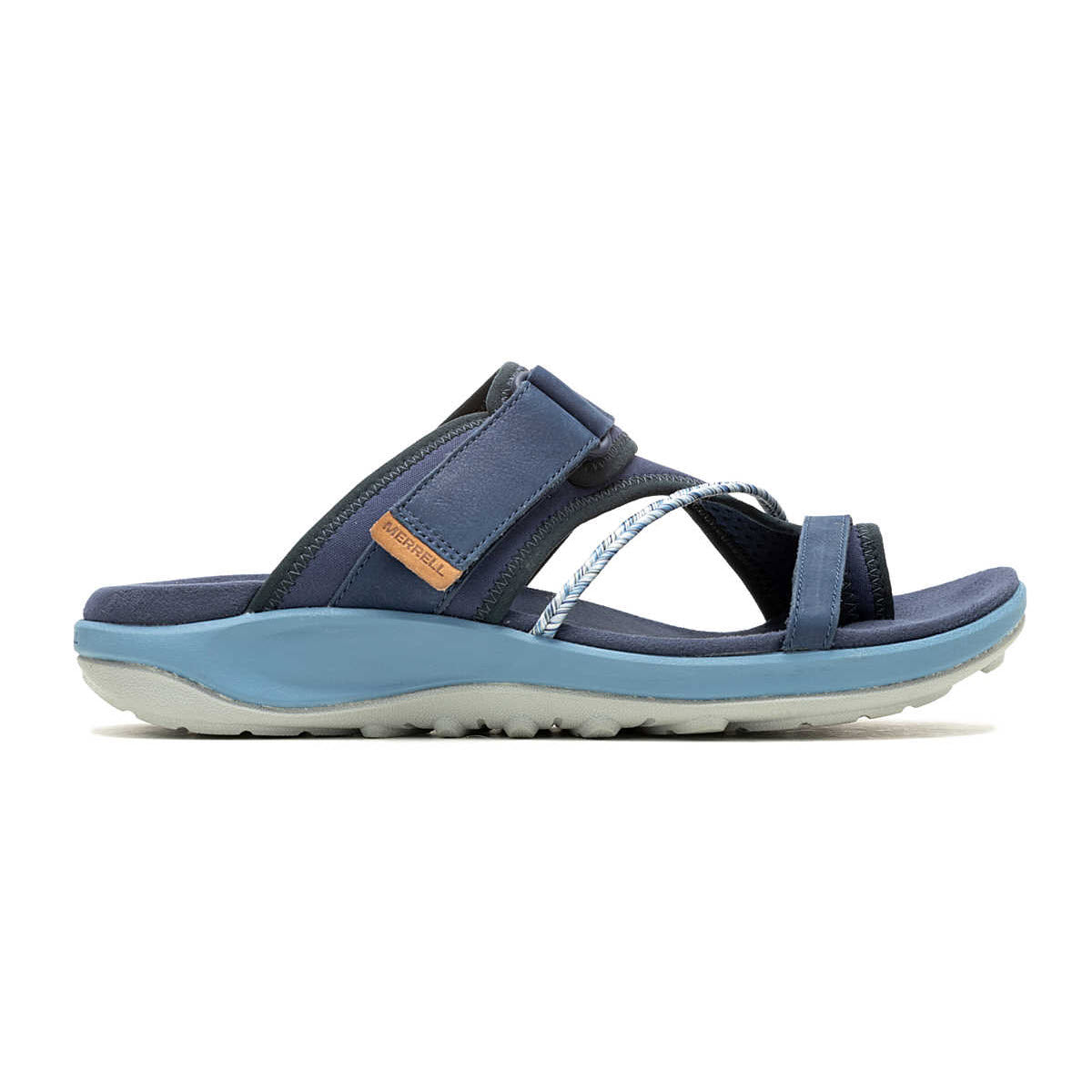 A Merrell MERRELL TERRAN 4 POST SEA - WOMENS with multiple adjustable straps, including a braided one, secured by a velcro fastener, and featuring a thick light blue sole for all-day comfort.