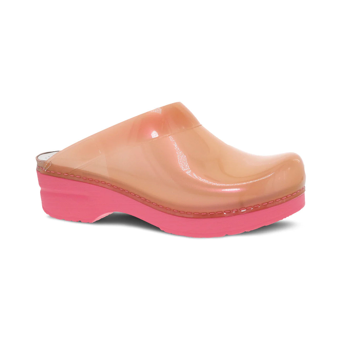 The Dansko Sonja Coral Translucent for women is a tan clog with a glossy finish, bright pink sole, and Sonja's classic open back style for legendary comfort.