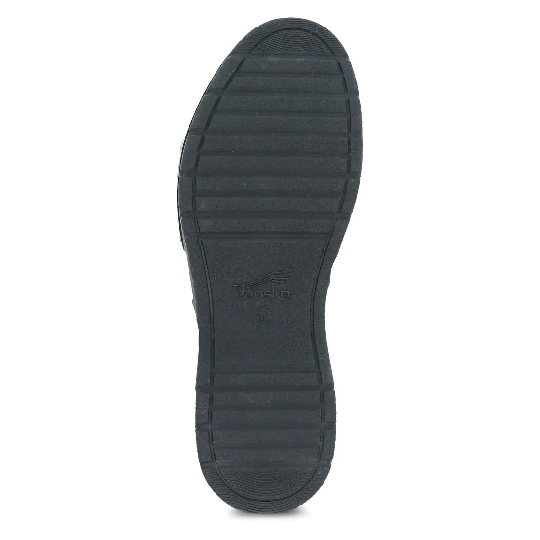 The image shows the sole of the DANSKO RISSA BLACK - WOMENS shoe with a ridged rubber pattern, perfect for any outfit. The branding &quot;Dansko&quot; is visible on the sole, highlighting its closed-toe style.