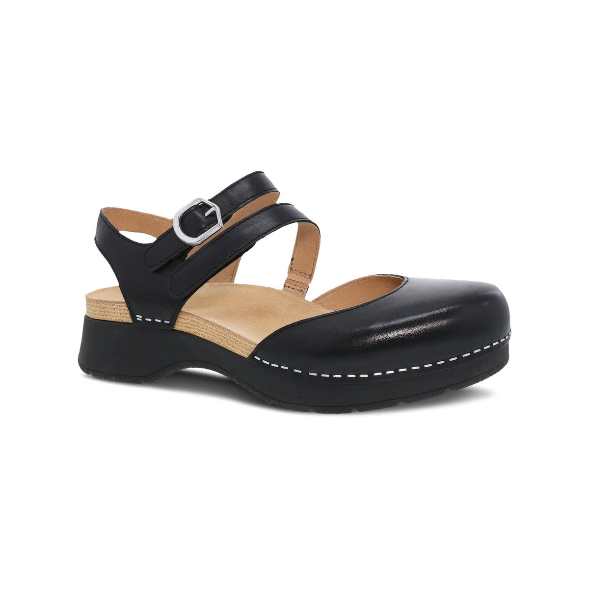 The DANSKO RISSA BLACK - WOMENS by Dansko is a black Mary Jane shoe featuring a closed toe style with two buckle straps, a slightly elevated heel, and white stitching along the sole—perfect for complementing any outfit.