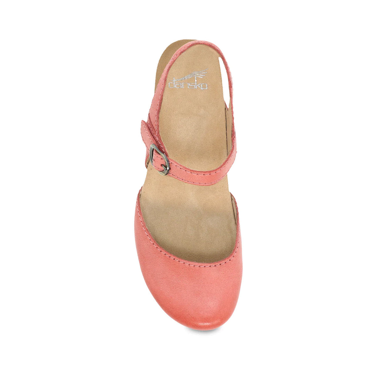 Top view of a single DANSKO TIFFANI CORAL heeled sandal by Dansko, featuring a round, closed toe and an ankle strap with a silver buckle – perfect for spring fashion.