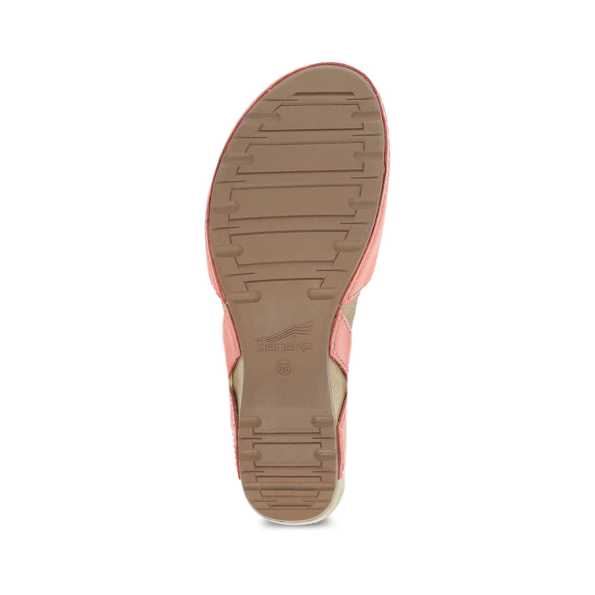 Bottom view of the Dansko Tiffani Coral sandal for women in tan and pink, showcasing a grooved rubber sole for traction with the Dansko logo imprinted in the center.