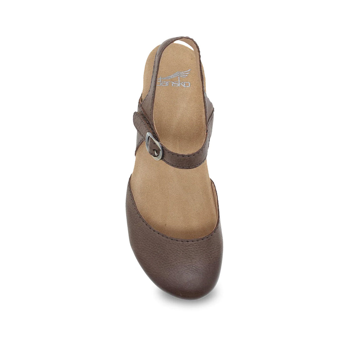 A single Dansko DANSKO TIFFANI BROWN - WOMENS closed-toe sandal with a buckle strap and beige insole, viewed from above, perfect for spring fashion.