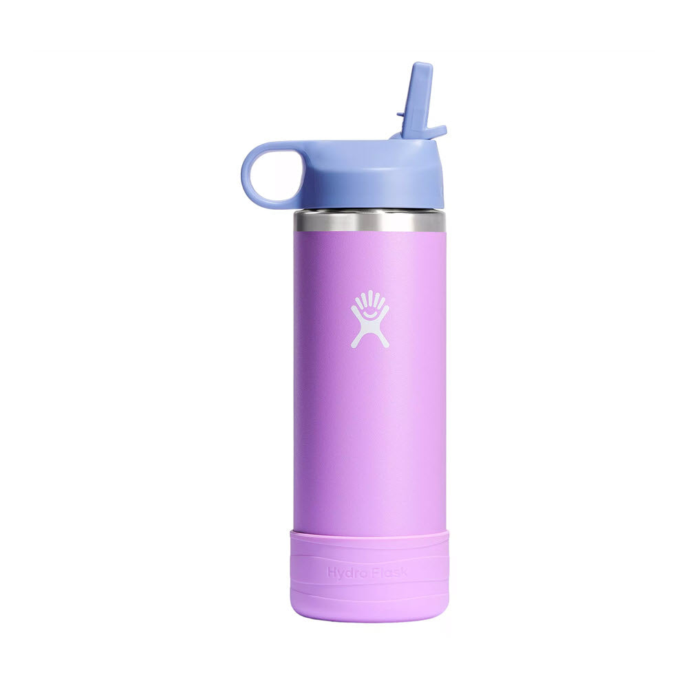 A purple HYDRO FLASK KIDS WIDE MOUTH WATER 18OZ ANEMONE with a blue lid and straw from Hydro Flask.