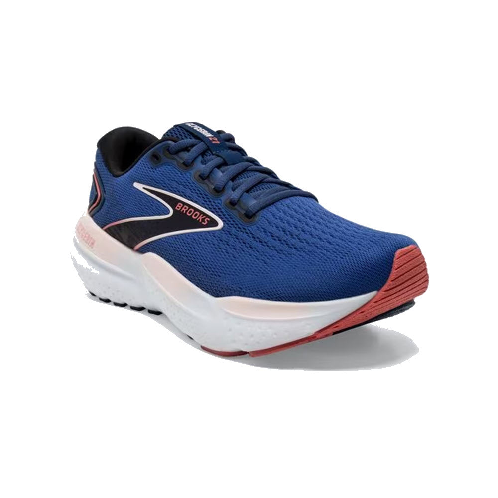 A BROOKS GLYCERIN 21 BLUE/ICY PINK/ROSE - WOMENS running shoe with a white sole and red and black accents, featuring the brand name &quot;Brooks&quot; on the side. This Glycerin 21 model boasts DNA LOFT v3 cushioning for exceptional comfort during every run.