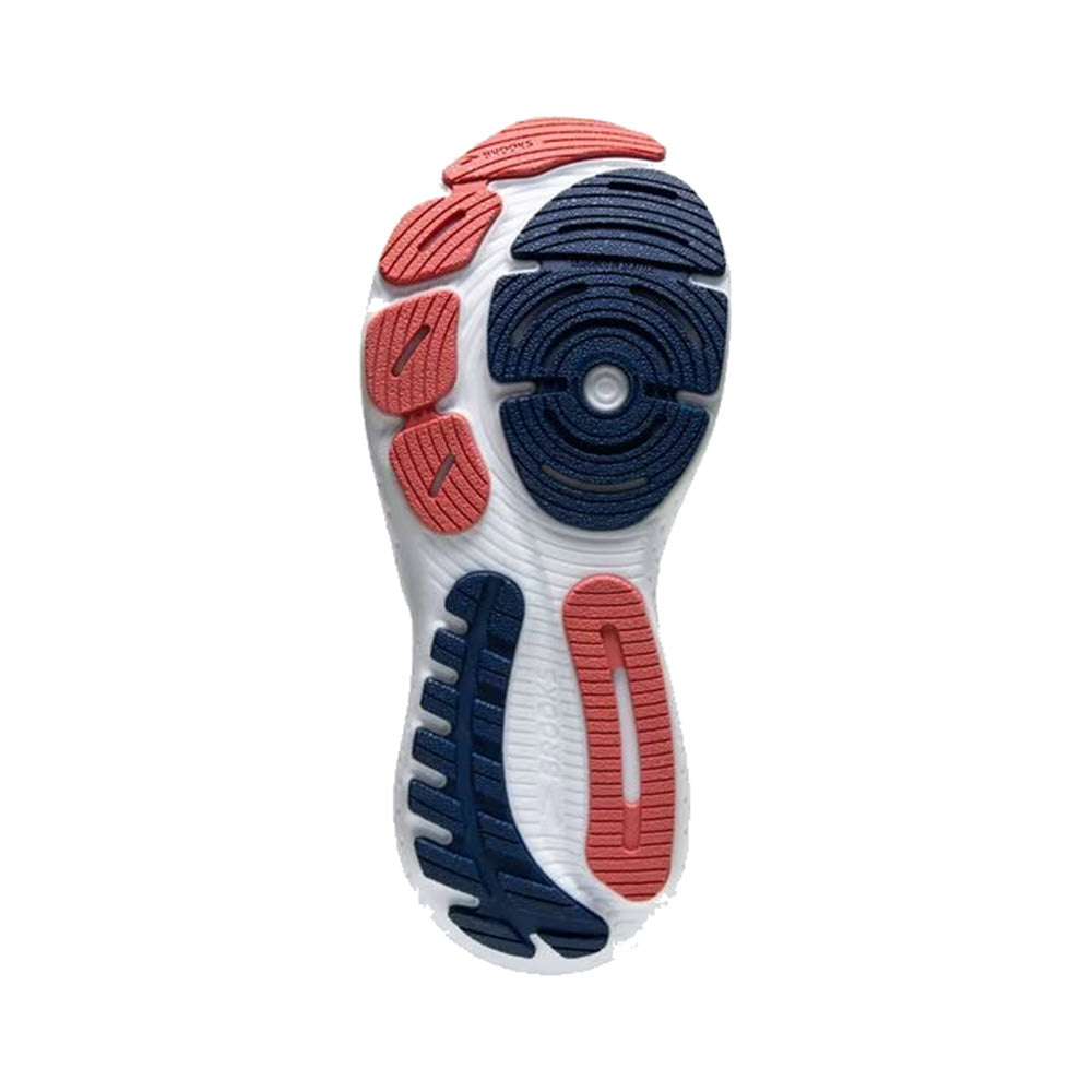 Image of the sole of a women&#39;s running shoe with a white base and red and blue rubber sections for traction, offering DNA LOFT cushioning for a plush ride. The product is the BROOKS GLYCERIN 21 BLUE/ICY PINK/ROSE - WOMENS by Brooks.