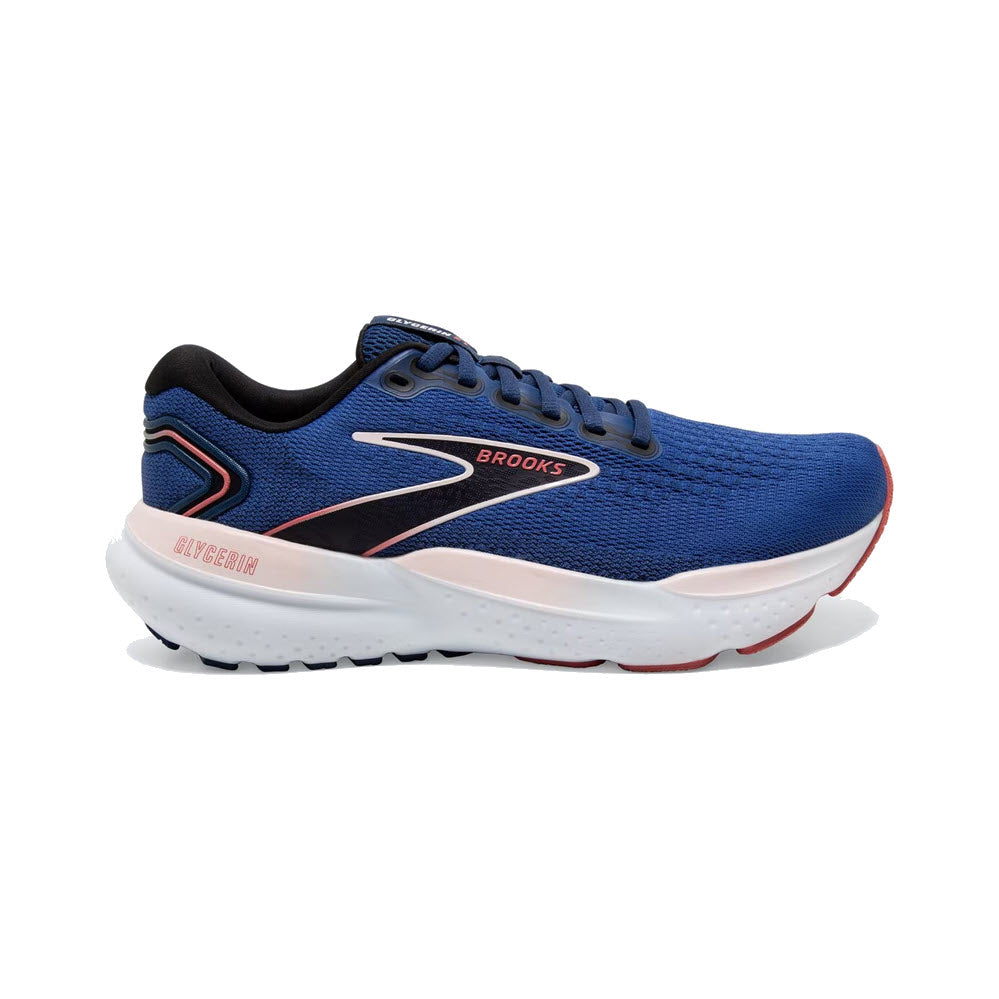 A BROOKS GLYCERIN 21 BLUE/ICY PINK/ROSE - WOMENS running shoe with black and white accents, featuring DNA LOFT cushioning for a plush ride. It has a white sole with red tread and showcases the brand &quot;Brooks&quot; along with the word &quot;Glycerin.