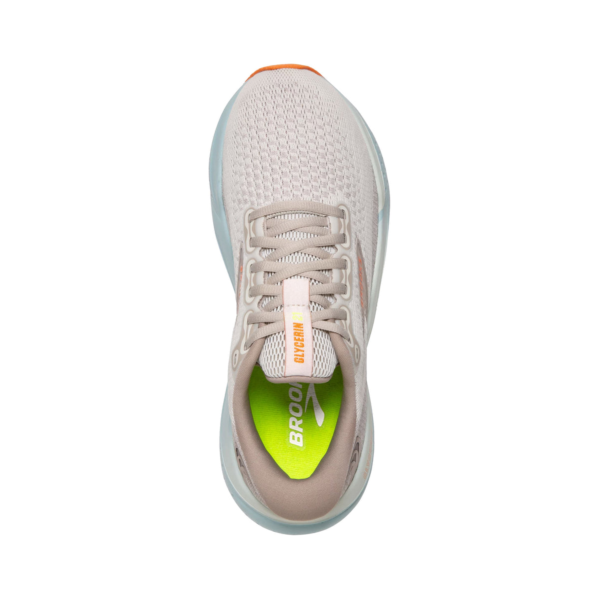 Top view of the Brooks BROOKS GLYCERIN 21 COCONUT/AQUA/AUTUMN SUNSET - WOMENS in light grey, featuring white laces, a slightly cushioned DNA LOFT v3 sole, and a green insole marked with &quot;Brooks&quot;.