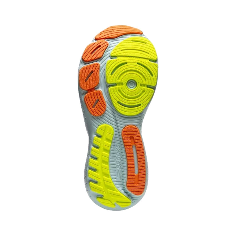 Close-up view of the multicolored sole of a women&#39;s running shoe, featuring orange and yellow rubber treads on a gray base. The BROOKS GLYCERIN 21 COCONUT/AQUA/AUTUMN SUNSET - WOMENS showcases DNA LOFT v3 cushioning for supreme comfort and support.