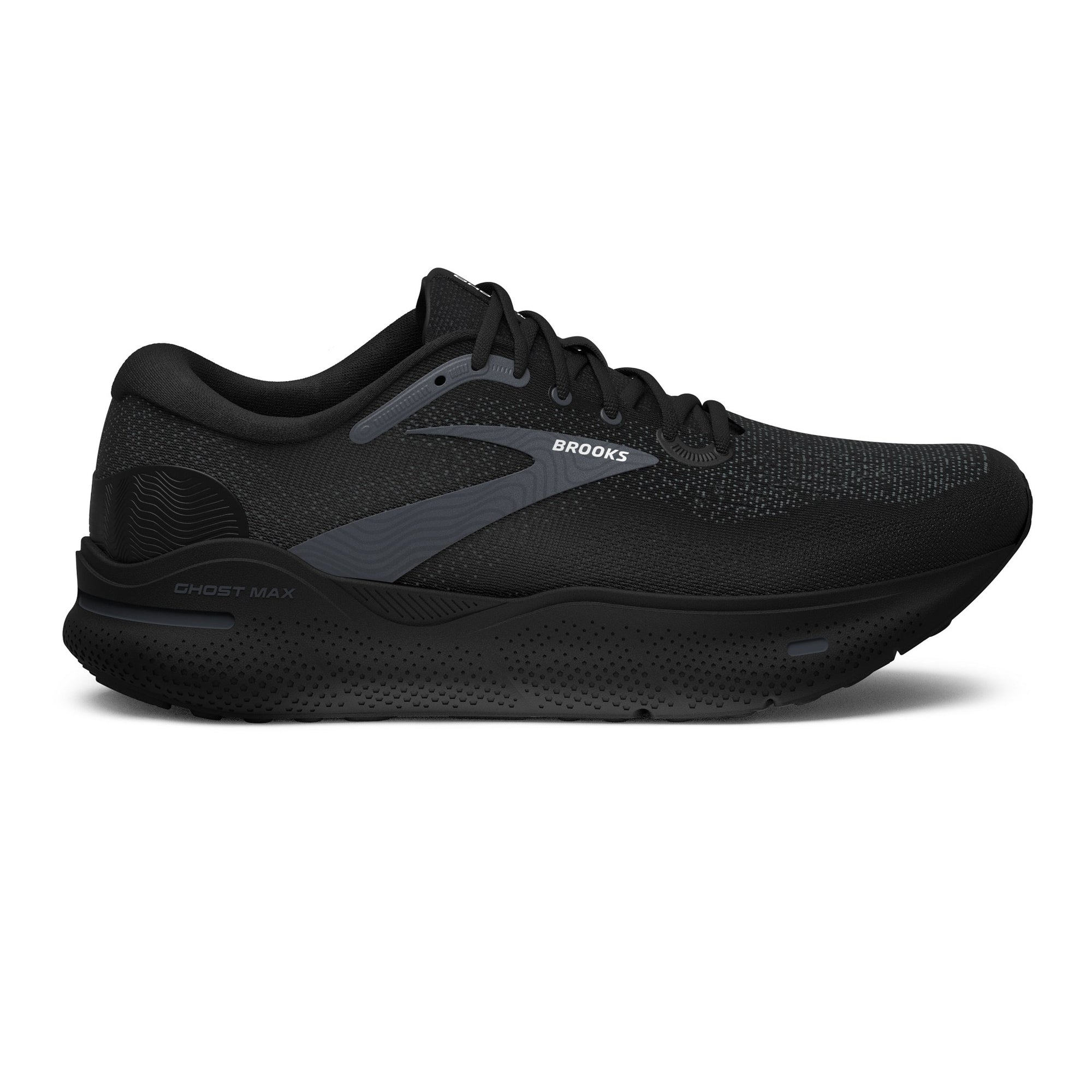 The BROOKS GHOST MAX BLACK/BLACK/EBONY - WOMENS by Brooks features a sleek design with a white logo and dark gray accents. This side view showcases the DNA Loft v2 foam for added comfort, ideal for running.