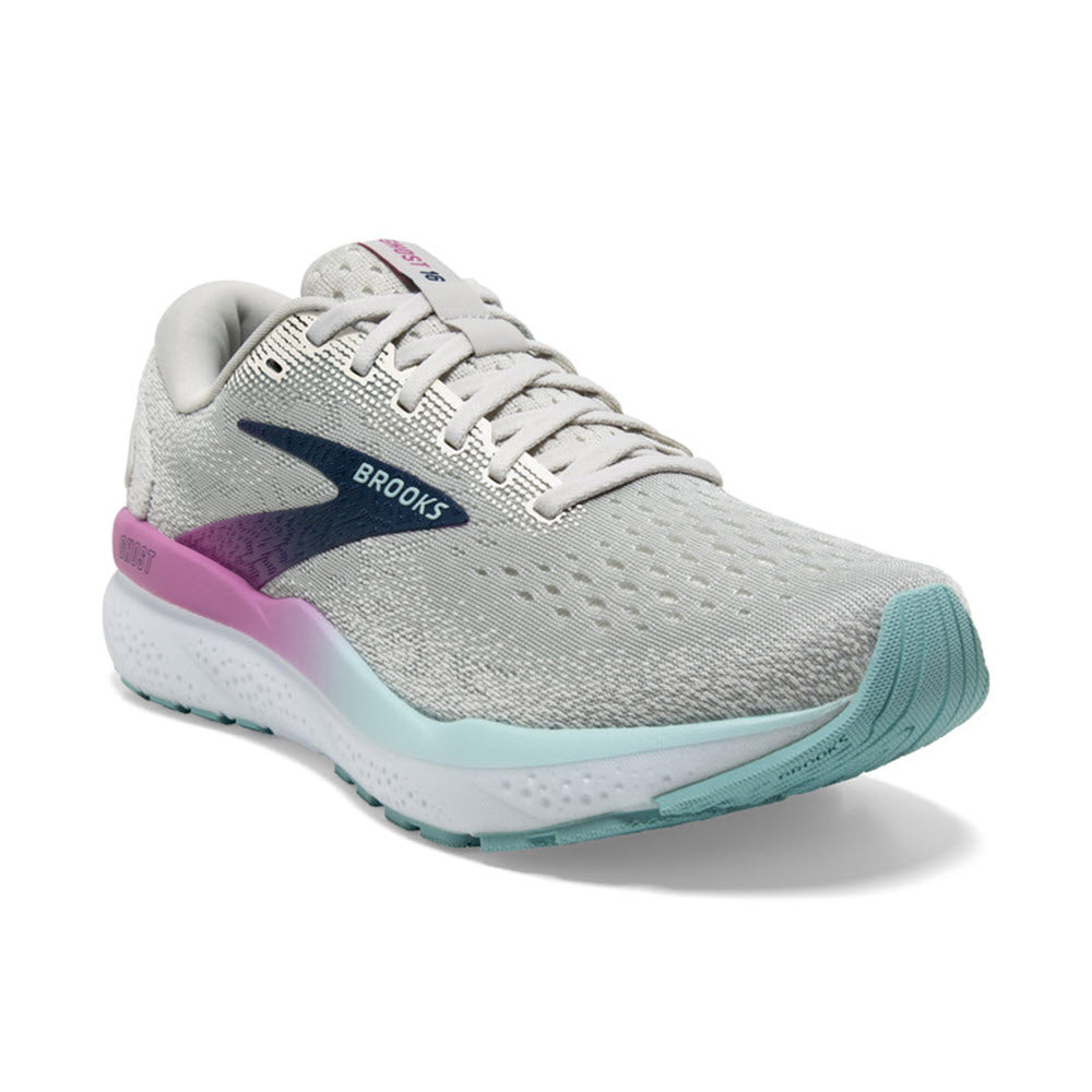 The &quot;Brooks Ghost 16&quot; in White/Grey/Estate Blue for women offers a well-cushioned sole and mesh upper, making it the perfect daily trainer.