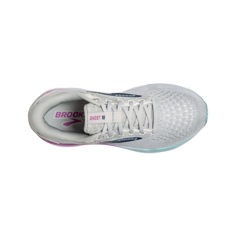 Top view of a white and gray Brooks Ghost 16 running shoe with estate blue accents, featuring white laces and labeled &quot;Ghost 16&quot; on the tongue. This well-cushioned daily trainer offers comfort and style.