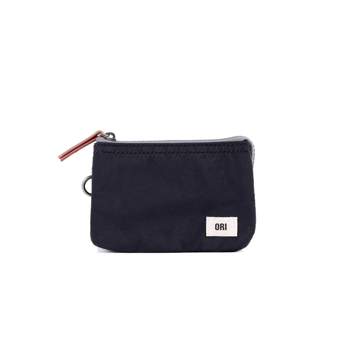 A small black zippered pouch with a label marked "ORI" on the front bottom corner, this ORI LONDON CARNABY SMALL POUCH JET by Ori London is both versatile and durable, perfect for any adventure.
