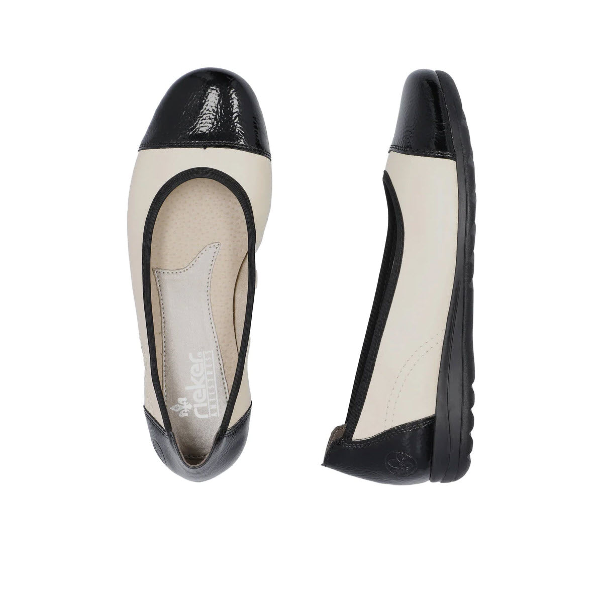 Top view of a pair of Rieker&#39;s RIEKER BALLET FLAT BLACK AND TAUPE for women, featuring classic slip-on design, taupe uppers, black toe caps, and wedge-heeled outsoles.