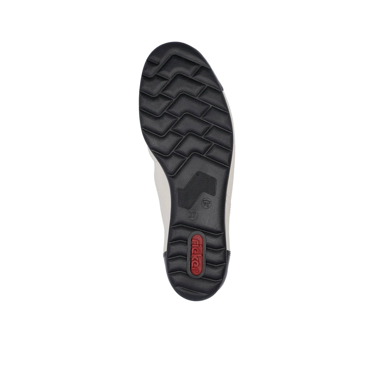 Bottom view of the Rieker Ballet Flat in black and taupe, showcasing the sole with textured grip patterns and red branding near the heel on a white background, featuring durable wedge-heeled outsoles for added comfort.