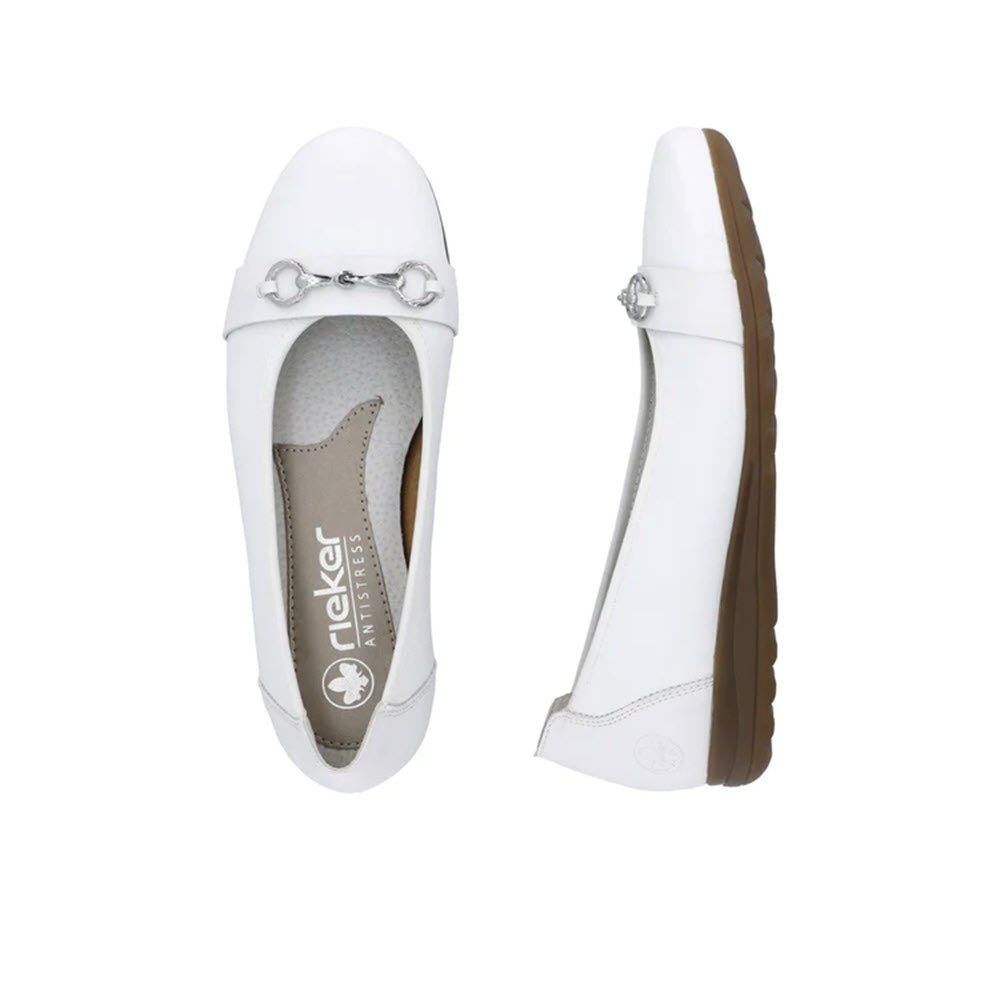 A pair of RIEKER BALLET FLAT WHITE - WOMENS by Rieker, featuring decorative metal embellishments and rubber soles, crafted from high-quality leather, shown from the top and side views.