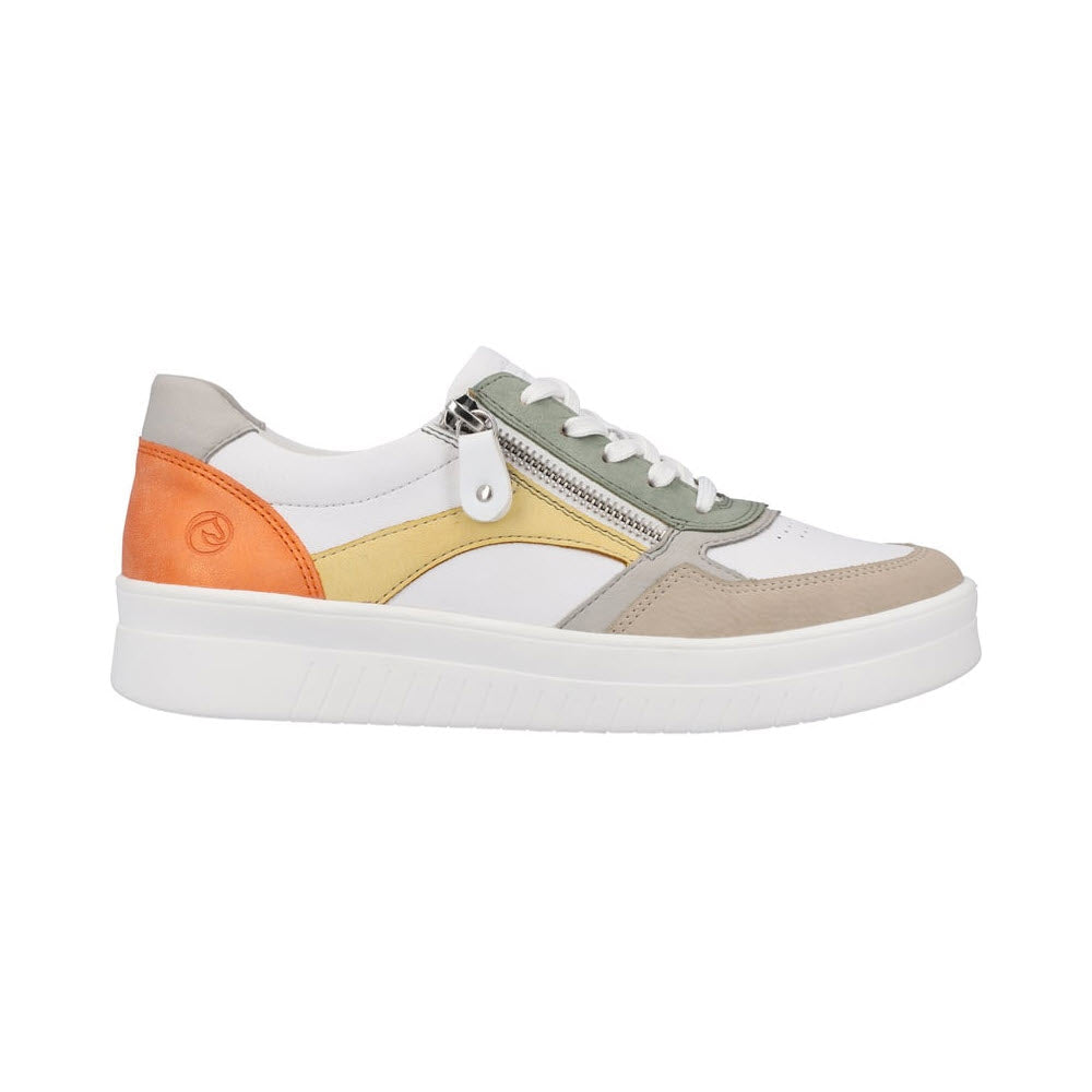The Remonte REMONTE EURO COURT SNEAKER EARTH MULTI - WOMENS is a white shoe with green, orange, beige, and yellow accents, featuring white laces and a side zipper on a white sole. It boasts a leather upper and removable foot beds for added comfort, all showcased against a pristine white background.