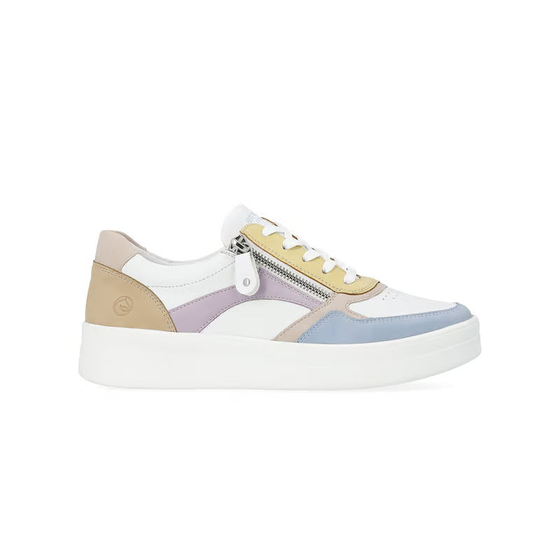 Side view of a multicolored sneaker with a white platform sole, featuring patches of white, beige, lavender, and light blue. The shoe has a decorative silver zipper on the side and boasts a lightweight outsole typical of the REMONTE EURO COURT SNEAKER PASTEL MULTI - WOMENS by Remonte.