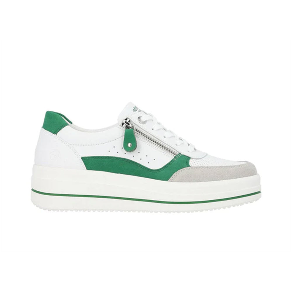 White and green **REMONTE EURO COURT SNEAKER GRASS GREEN - WOMENS** with a white thick sole, featuring a side zipper detail and grey accents, perfect for everyday wear and aligning with the latest fashion trends. Model: D1E01-80.