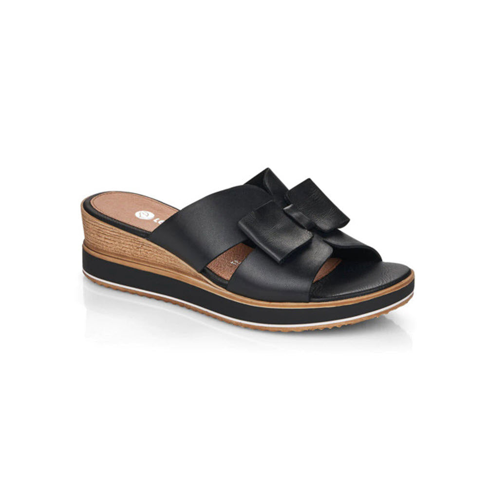 The REMONTE BOW WEDGE SANDAL BLACK - WOMENS by Remonte features two wide straps with cute bow details, a wooden platform, and a stylish white sole.