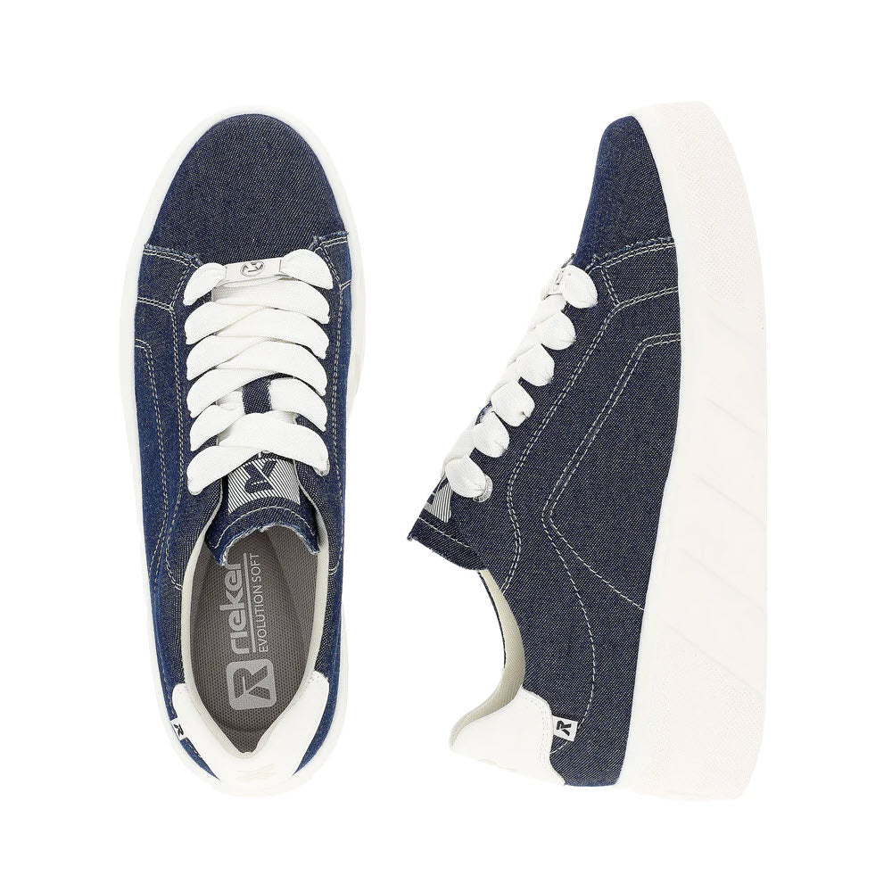 Top and side view of the Revolution REVOLUTION PLATFORM STREET SNEAKER JEANS – WOMENS with white soles and white laces, displaying contrast stitching. Perfect for daily adventures, these denim sneakers feature the brand name &quot;Revolution&quot; on the insole and a small side tab.