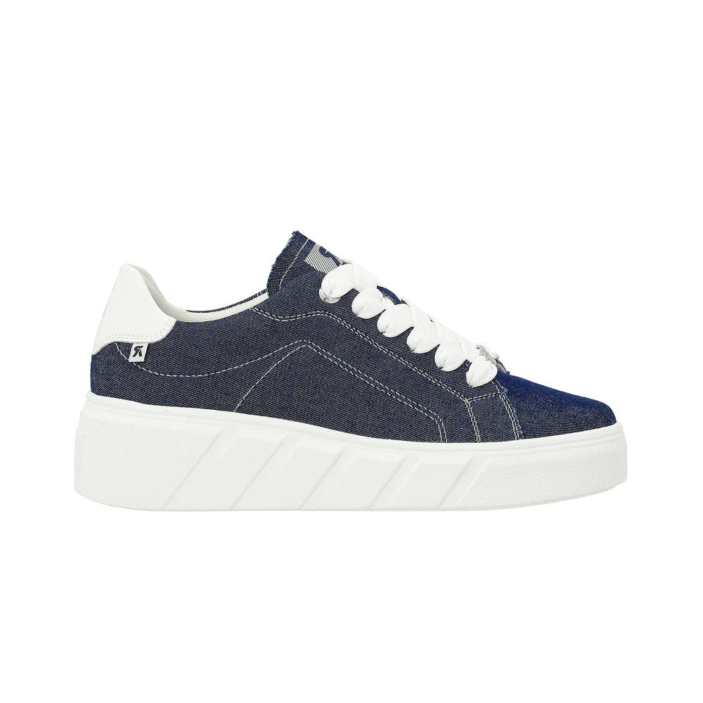 A navy blue and white Revolution &quot;REVOLUTION PLATFORM STREET SNEAKER JEANS - WOMENS&quot; with a thick sole, white laces, and visible stitching, viewed from the side. Perfect for daily adventures with its unique style.