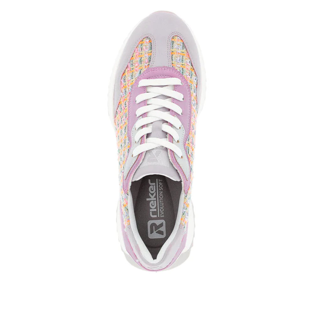 Overhead view of a single Revolution women&#39;s sneaker from the Retro Plaid Tweed series. The sneaker features a soft multicolored pattern on the sides, mauve upper accents, white sole, Revolution branding on the insole, and comfort width for an enhanced fit.