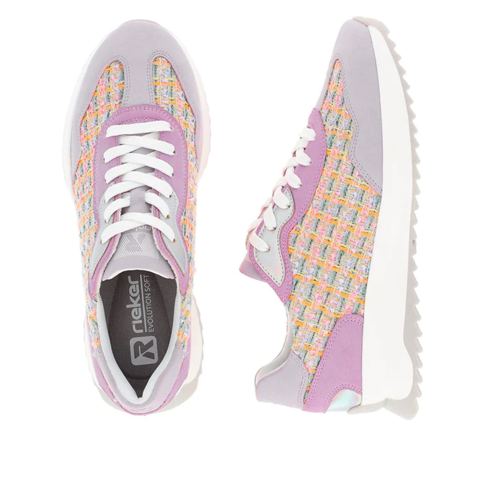 A pair of multicolored Revolution REVOLUTION RETRO PLAID TWEED SNEAKER MAUVE - WOMENS with white laces and soles, featuring a textured pattern and light purple accents, displayed from the top and side view on a white background, offering comfort width.