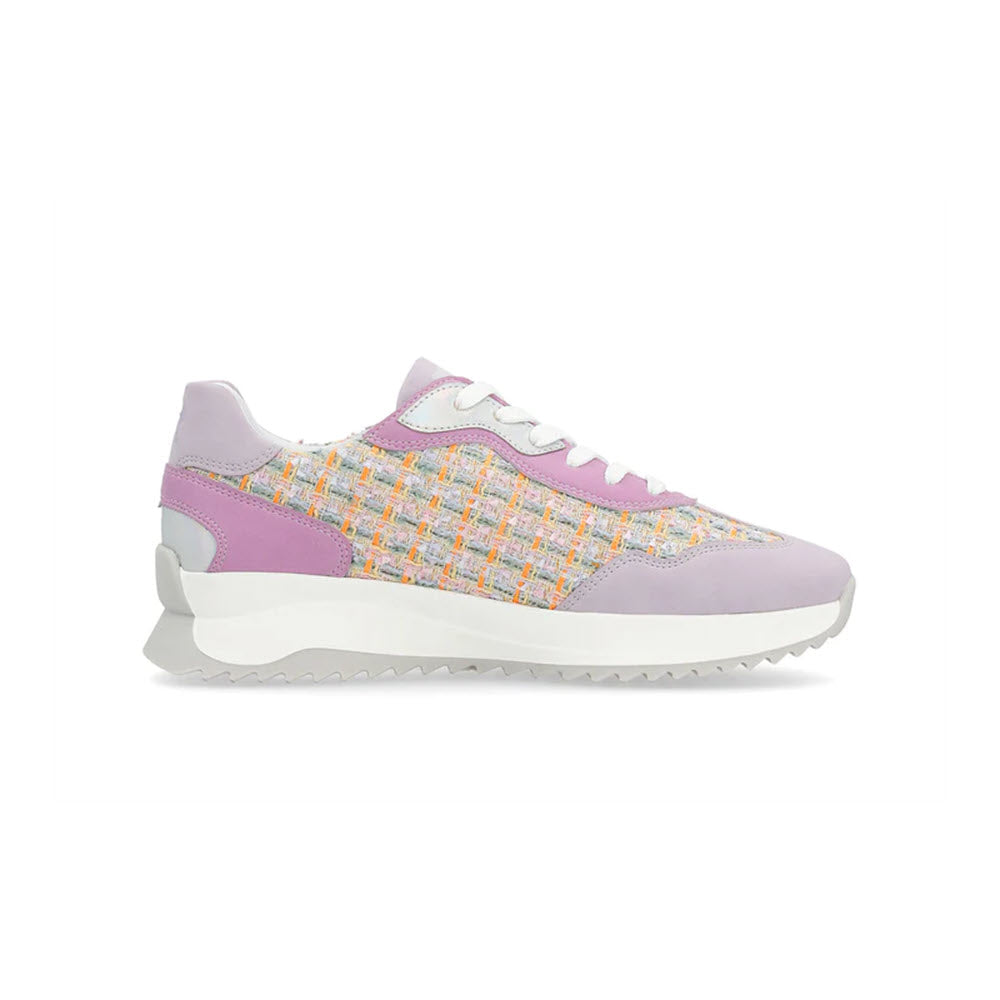 Side view of the Revolution Revolution Retro Plaid Tweed Sneaker Mauve with a woven multicolored fabric upper, pink and lavender accents, white laces, and a chunky white sole. These women&#39;s sneakers feature comfort width for all-day ease.