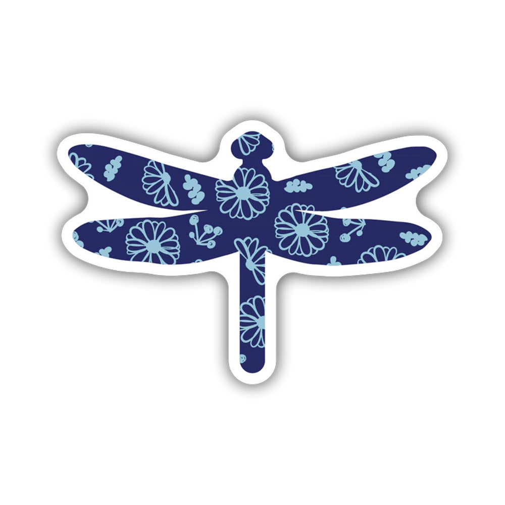 A Stickers Northwest STICKERS NORTHWEST DRAGONFLY BLUE with blue patterns on its wings and body, set against a white background. Perfect for any outdoor setting, these weatherproof stickers add charm to your surroundings.