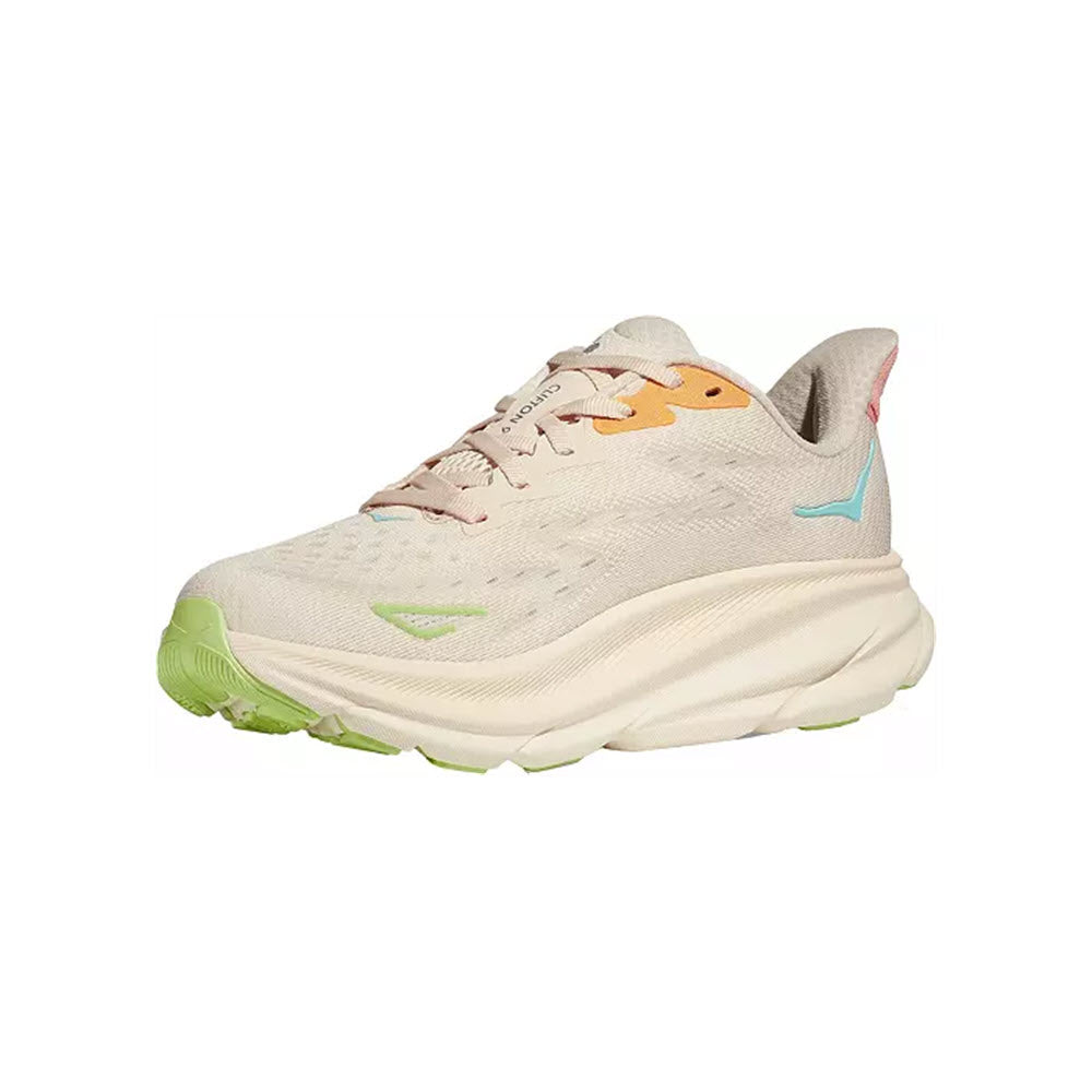 The HOKA CLIFTON 9 VANILLA/ASTRAL - WOMENS, by Hoka, is a beige running shoe accented with orange, blue, and green on the upper. It features a thick off-white sole and boasts responsive new foam alongside an improved outsole design for enhanced performance.